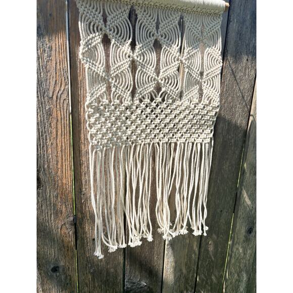 Handmade Boho Macrame Wall Hanging Tapestry Cream Cotton Woven Decor - Picture 3 of 5